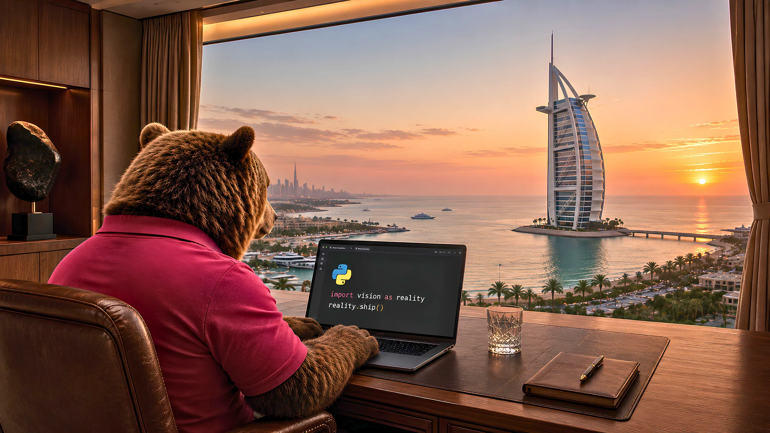 A bear at a desk above the Dubai coast, building the first version