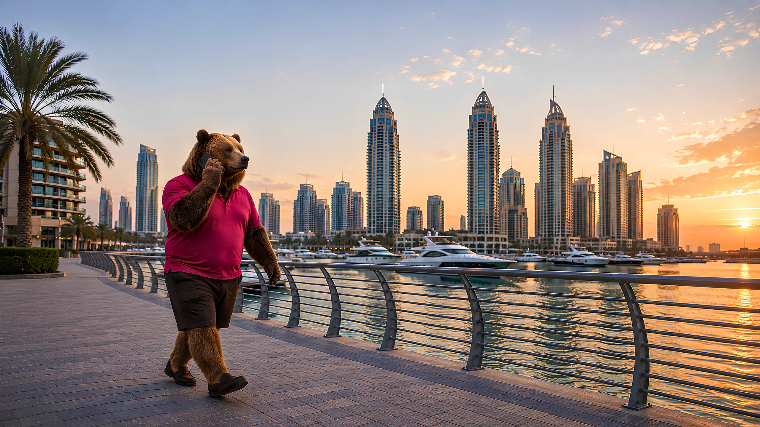 A bear walking the Dubai Marina at sunset, on a call